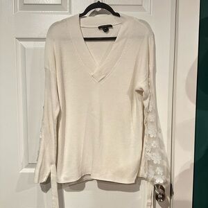 French Connection Cream Off White V-Neck Sweater with Sheer Lace Sleeves Medium